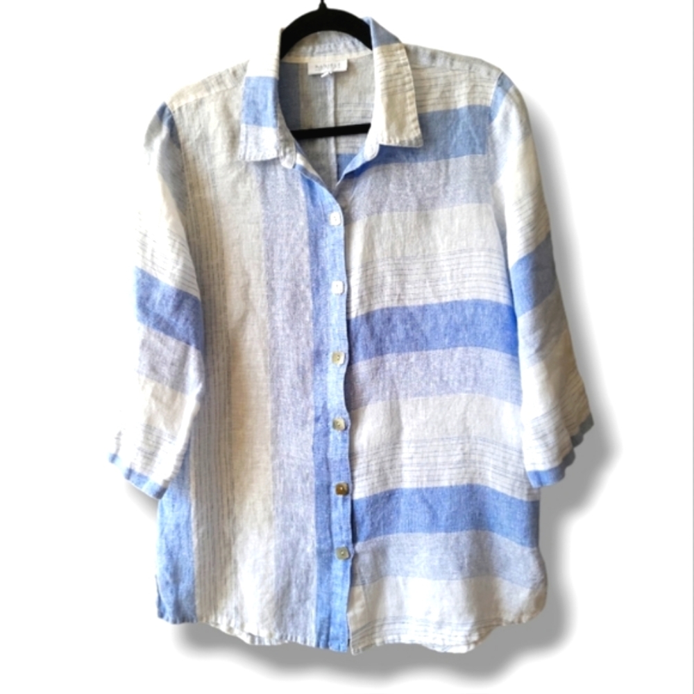 HABITAT Linen Blue and White Mixed Stripe Tunic Top